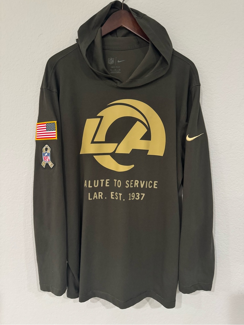 Nike Los Angeles Rams Salute To Service Long Sleeve Hoodie T-Shirt Mens Size XL